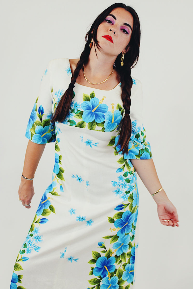 White blue floral Hawaiian print dress closeup