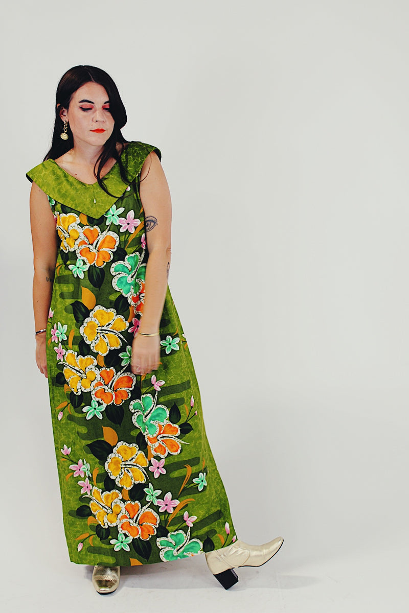 green vintage sleeveless hawaiian long dress
