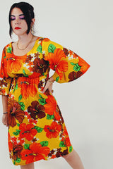 Yellow Red Hawaiian print vintage mini dress front