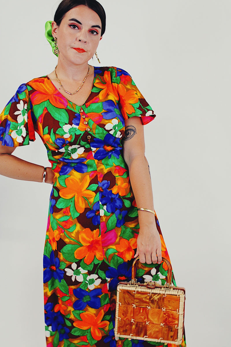 Multi-color Floral Print Maxi Dress Flutter Sleeves Front