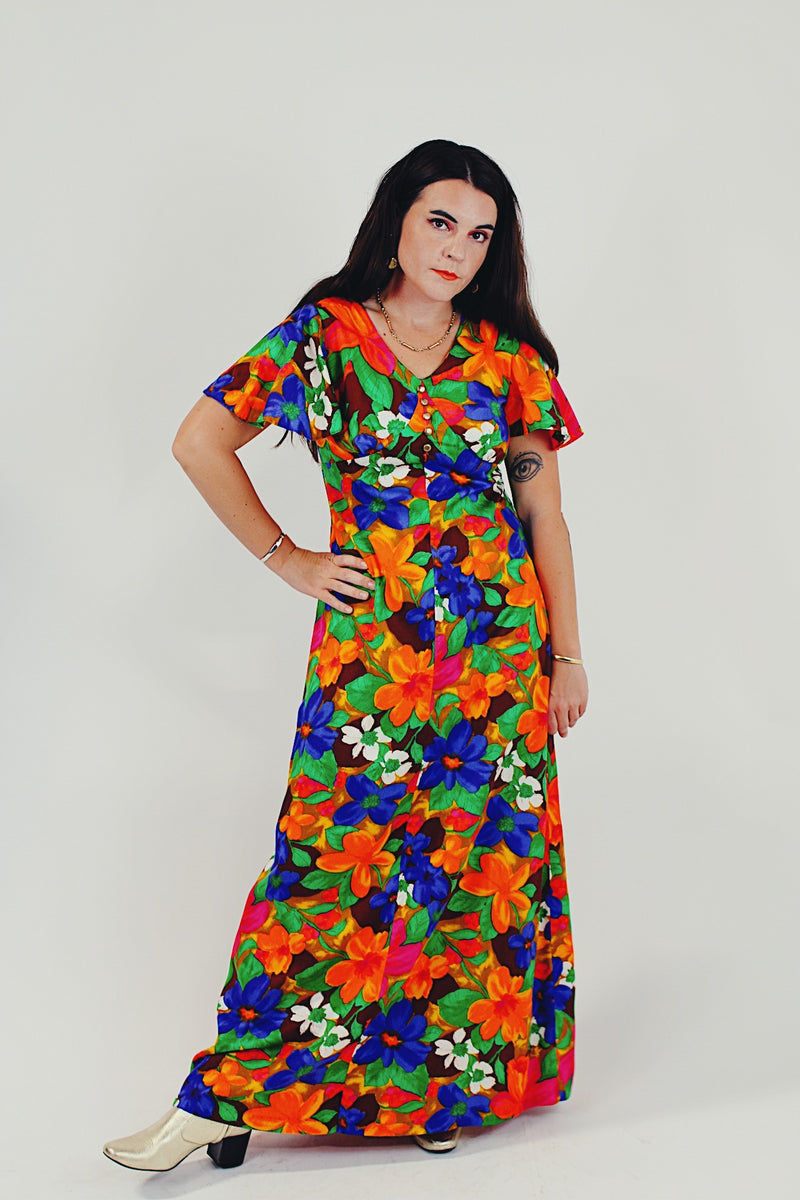 Multi-color Floral Print Maxi Dress Flutter Sleeves Full Body