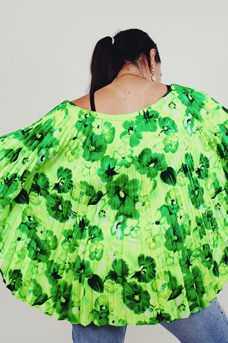 Green vintage floral pleated blouse back
