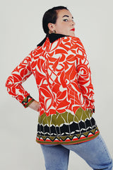 red printed long sleeve collared blouse back