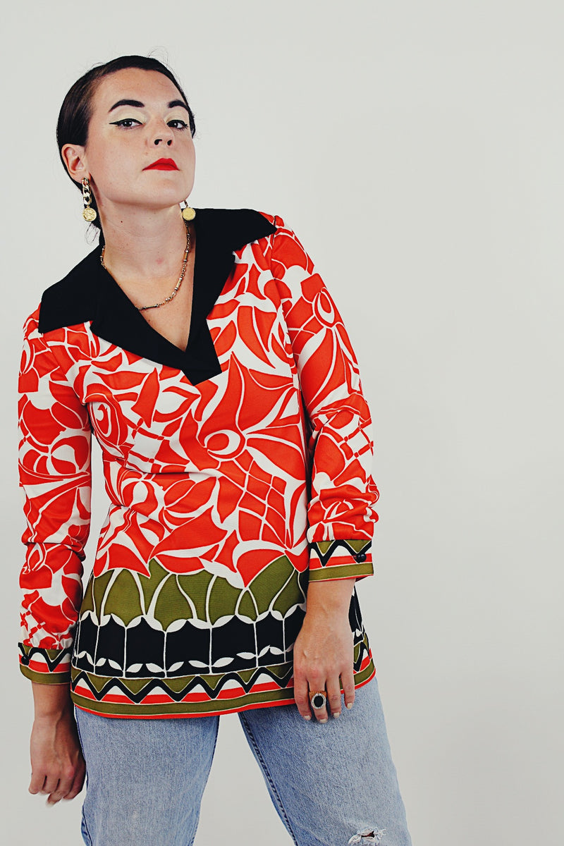 red printed long sleeve collared blouse