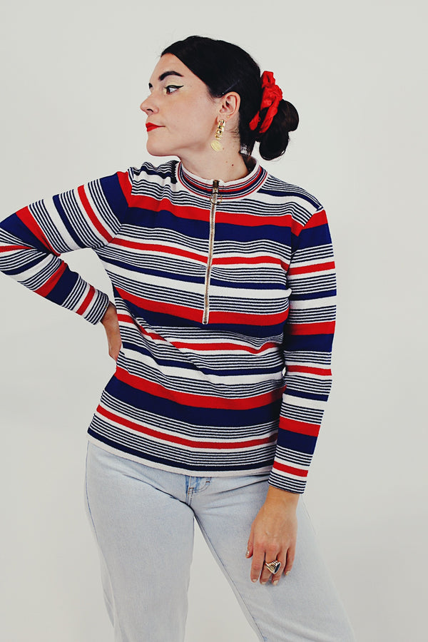 Vintage long sleeve striped mock neck top