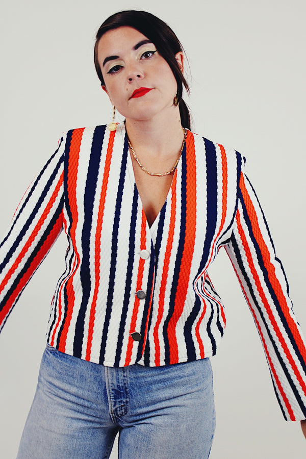 vintage cropped striped long sleeve jacket