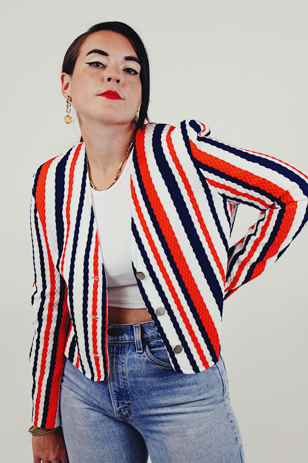 vintage cropped striped long sleeve jacket