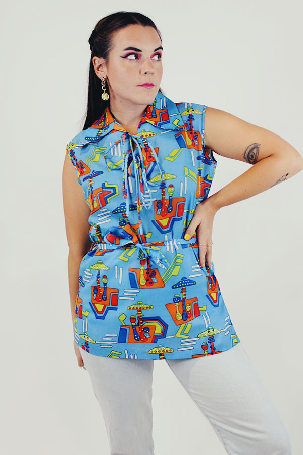 blue vintage printed blouse with ties