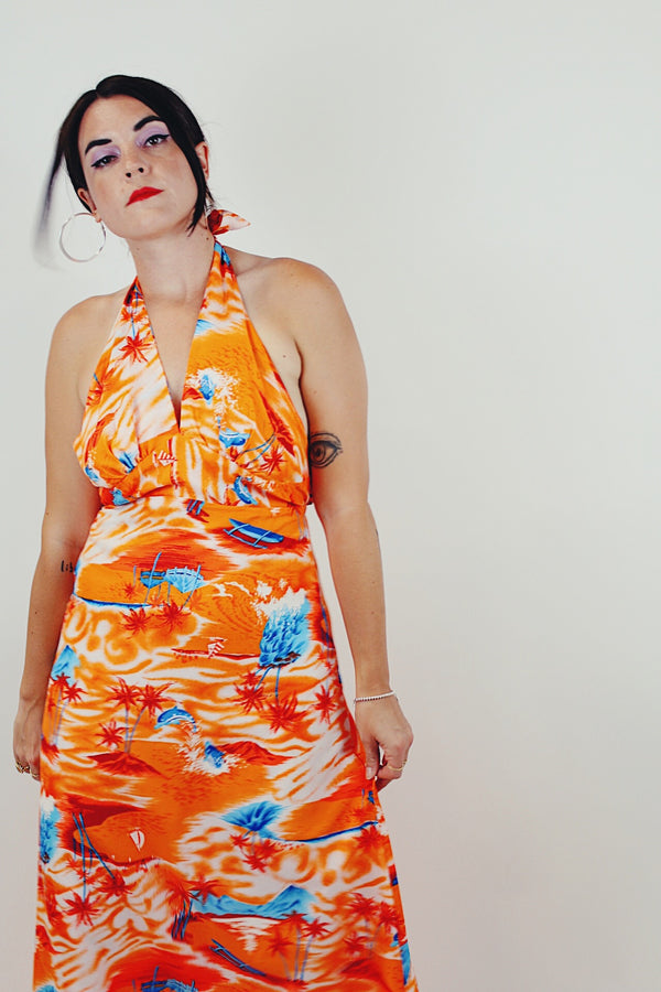 Vintage orange Hawaiian print halter maxi dress closeup