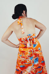 Vintage orange Hawaiian print halter maxi dress back