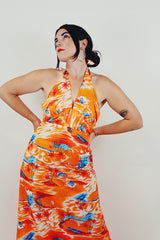 Vintage orange Hawaiian print halter maxi dress