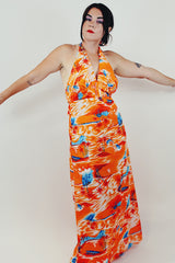 Vintage orange Hawaiian print halter maxi dress