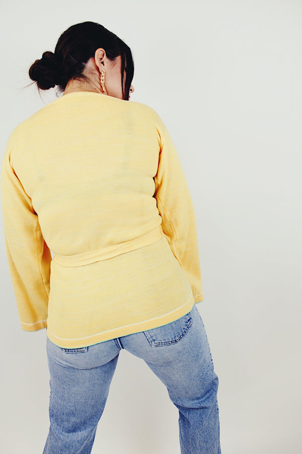 vintage yellow sweater with embroidered blue flowers