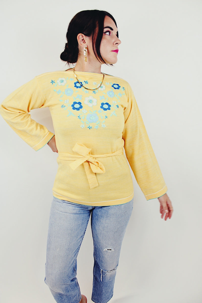 vintage yellow sweater with embroidered blue flowers