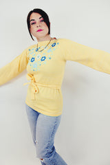 vintage yellow sweater with embroidered blue flowers