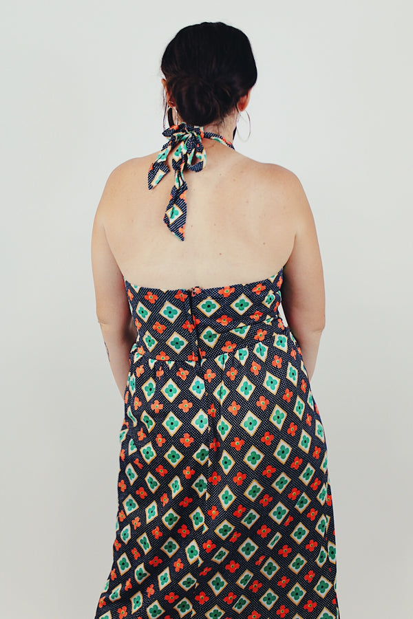 vintage printed maxi halter dress back