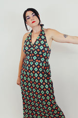 vintage printed maxi halter dress front
