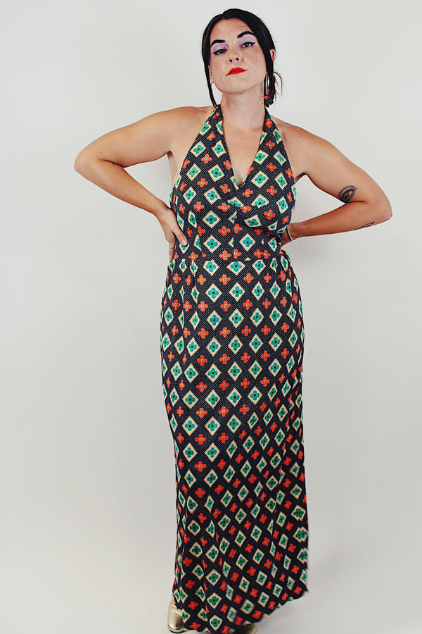 vintage printed maxi halter dress