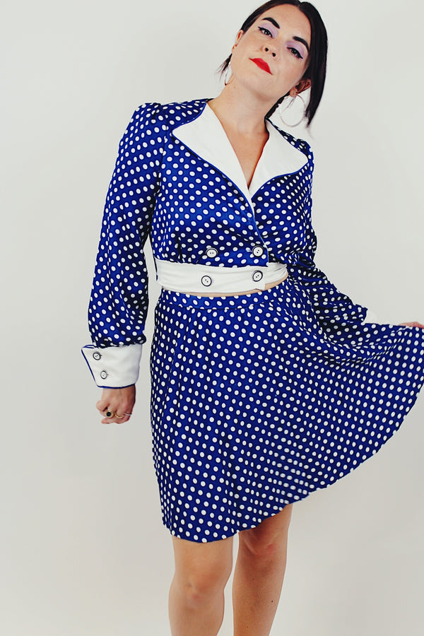 vintage blue polka bot blouse skirt set