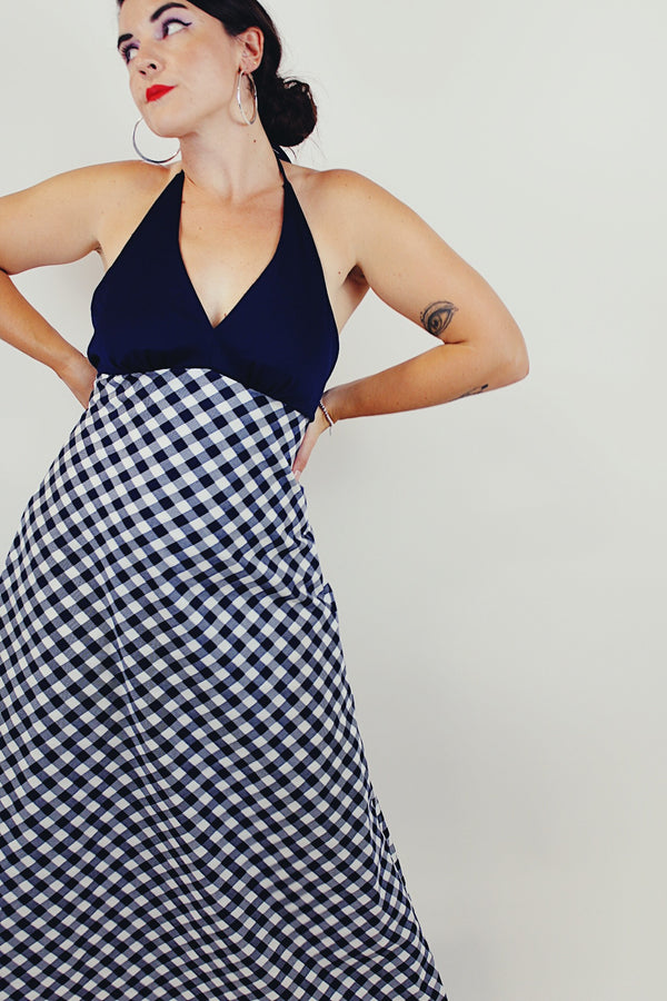 vintage gingham printed halter maxi dress