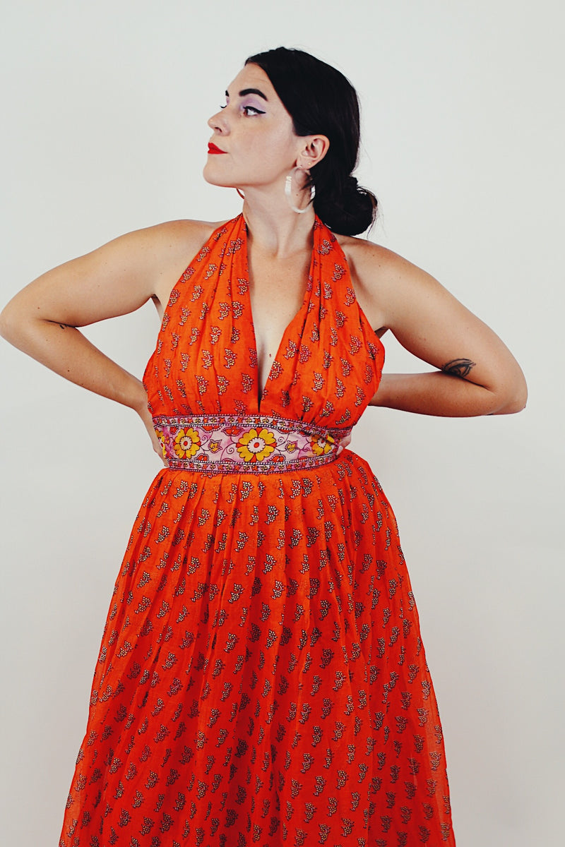 orange vintage maxi halter dress closeup