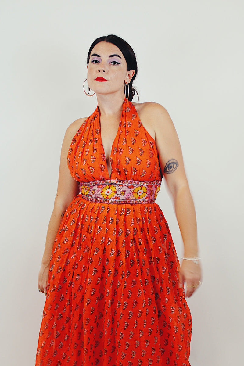orange vintage maxi halter dress closeup