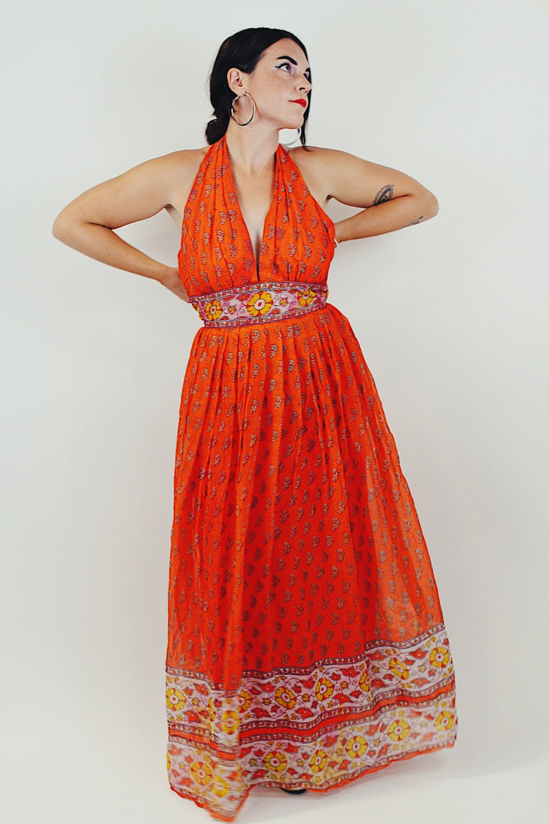 orange vintage maxi halter dress front