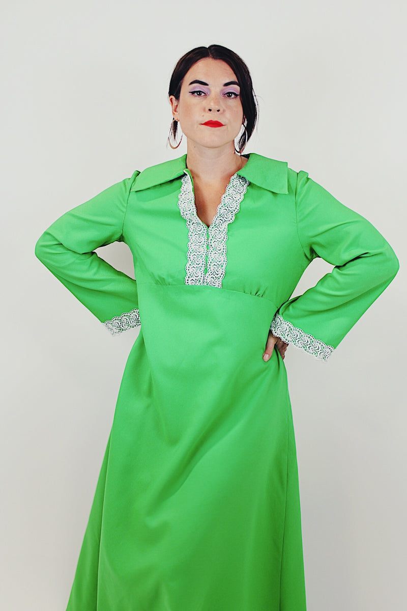 green long sleeve maxi dress with collar front