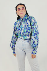 diamond print long sleeve vintage blouse front