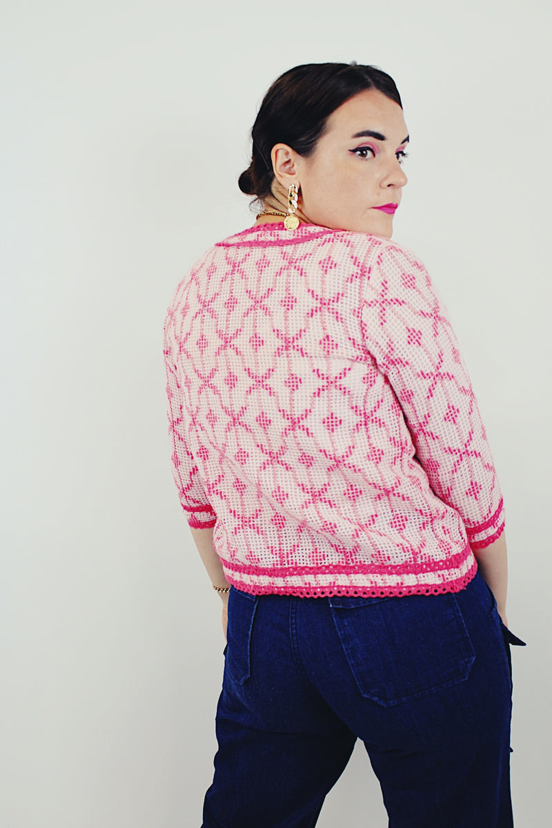 Vintage pink cropped knit cardigan back