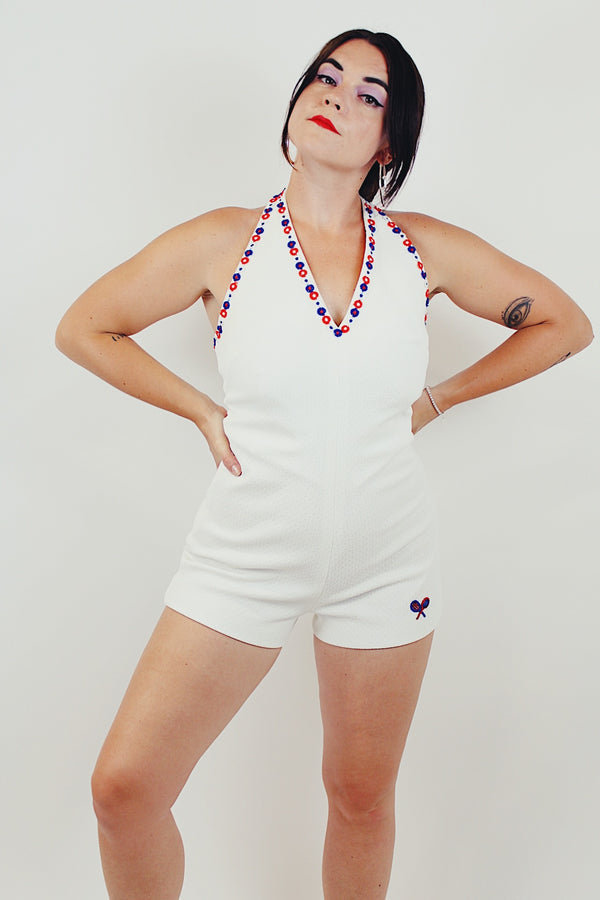 vintage white tennis romper with halter neck