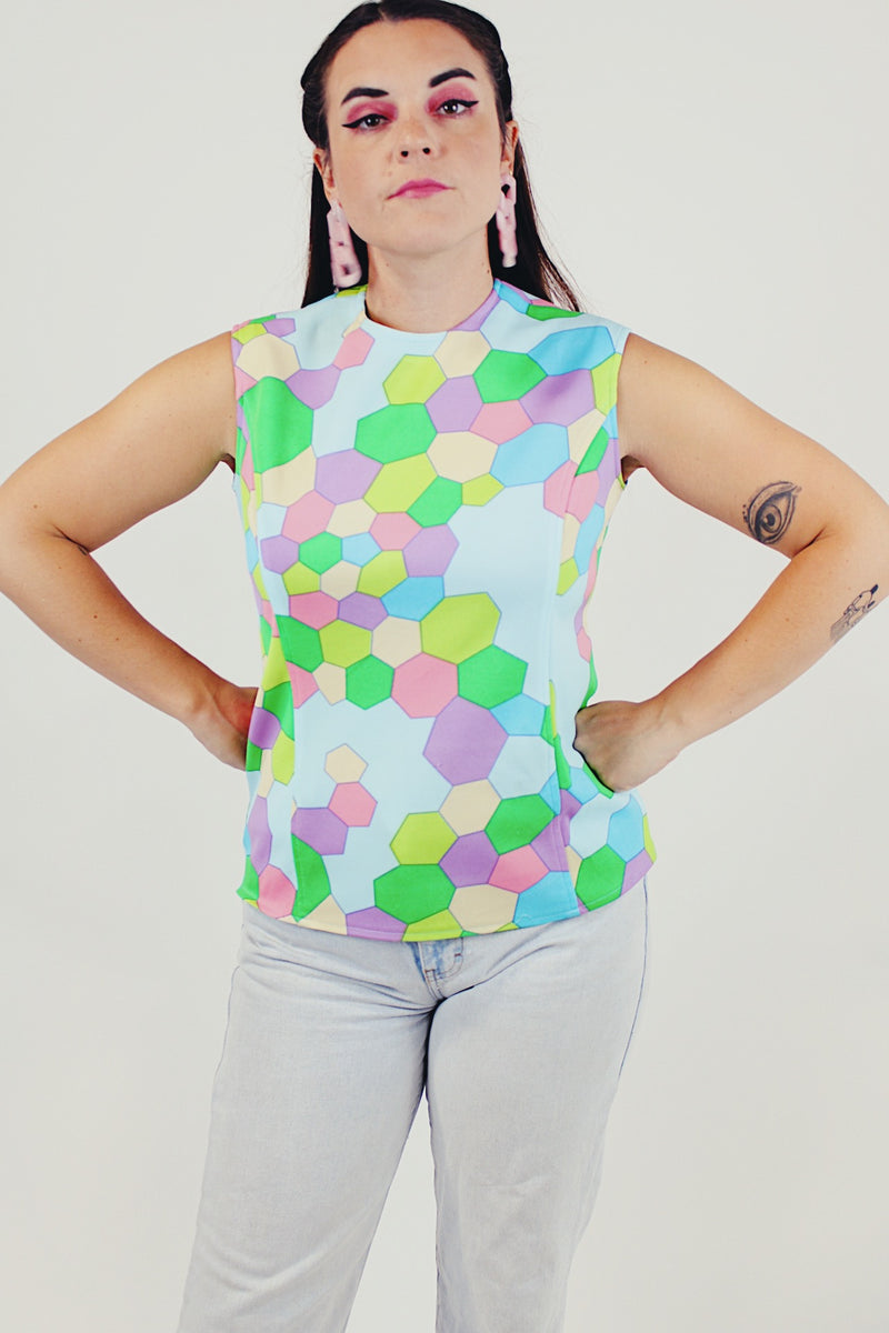 vintage pastel sleeveless printed blouse