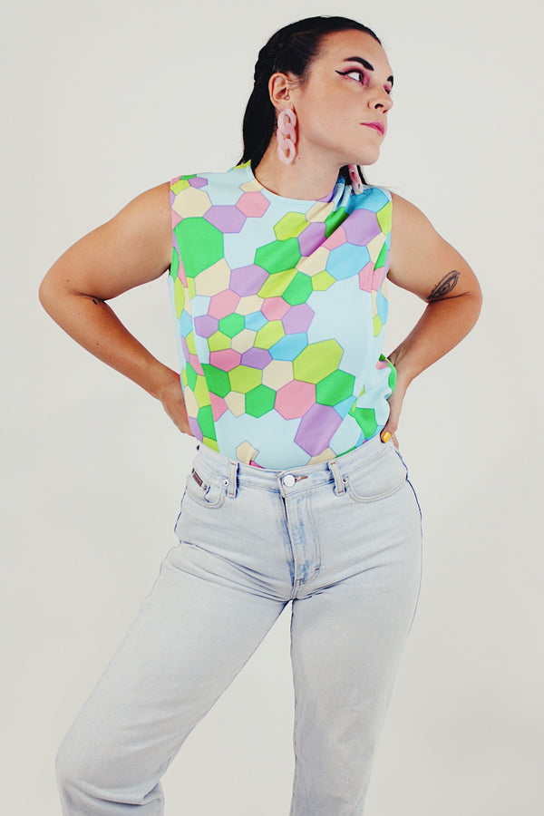 vintage pastel sleeveless printed blouse