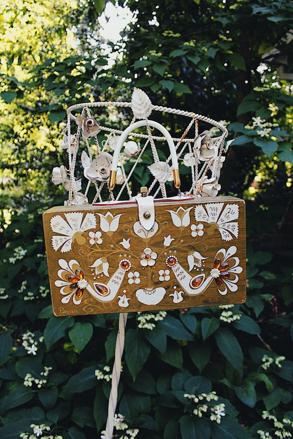 vintage wooden embellished box bag