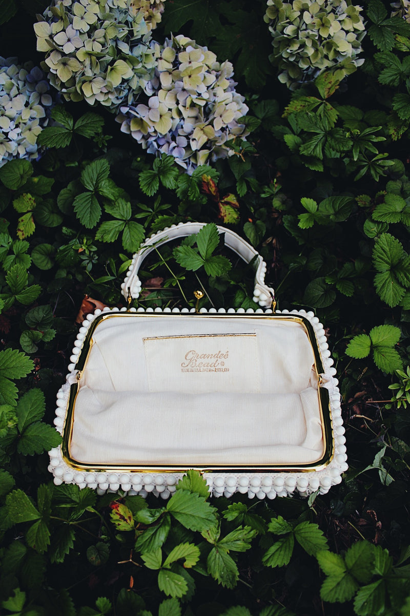 Vintage white beaded purse open