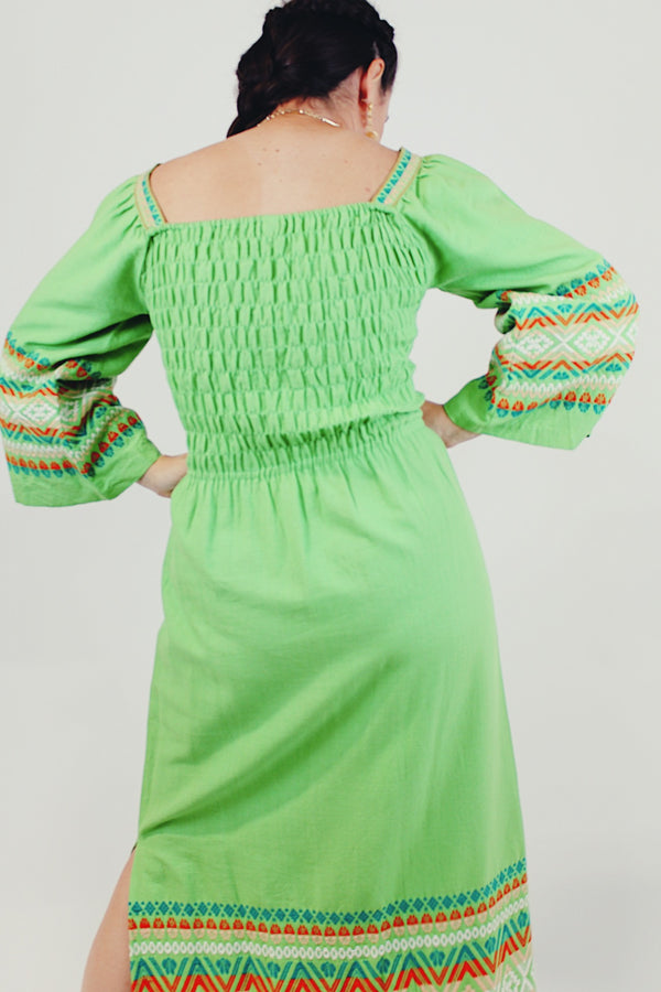 Green embroidered maxi dress back