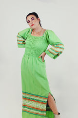 Green embroidered maxi dress model