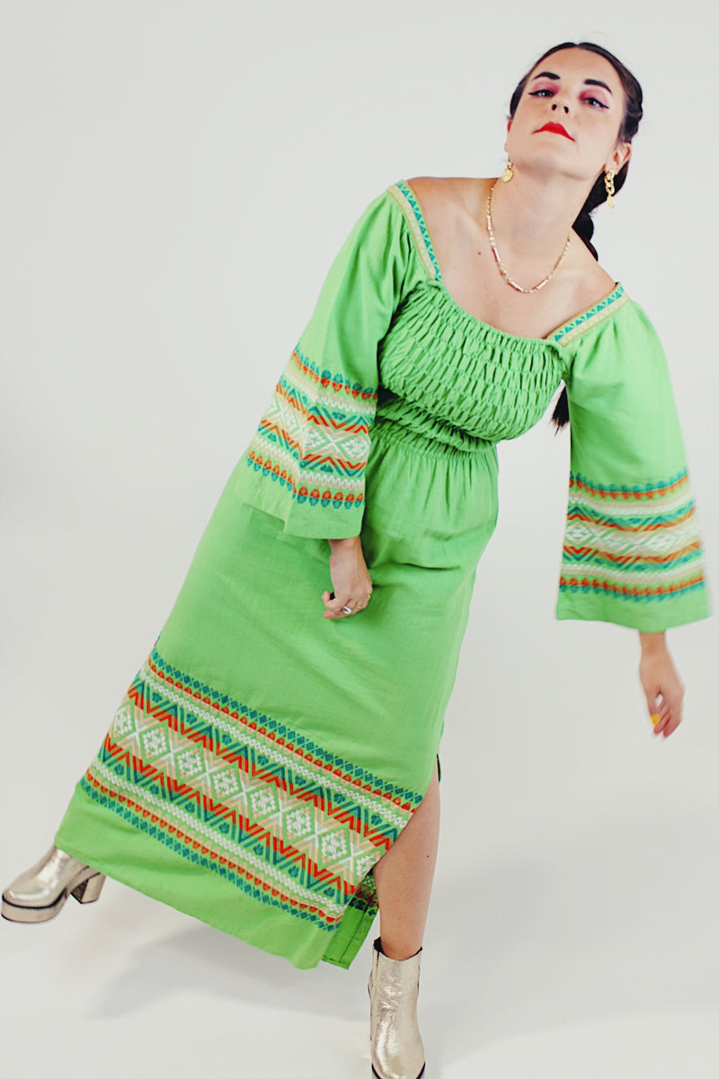 Green embroidered maxi dress side