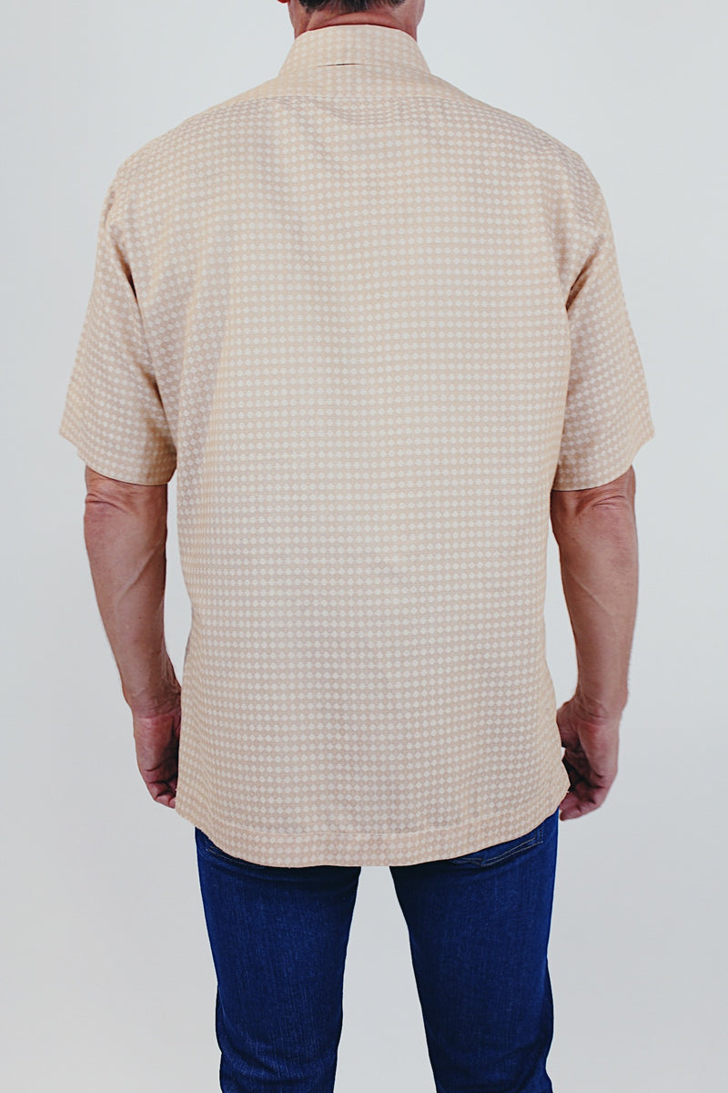 vintage men's tan short sleeve printed shirt back