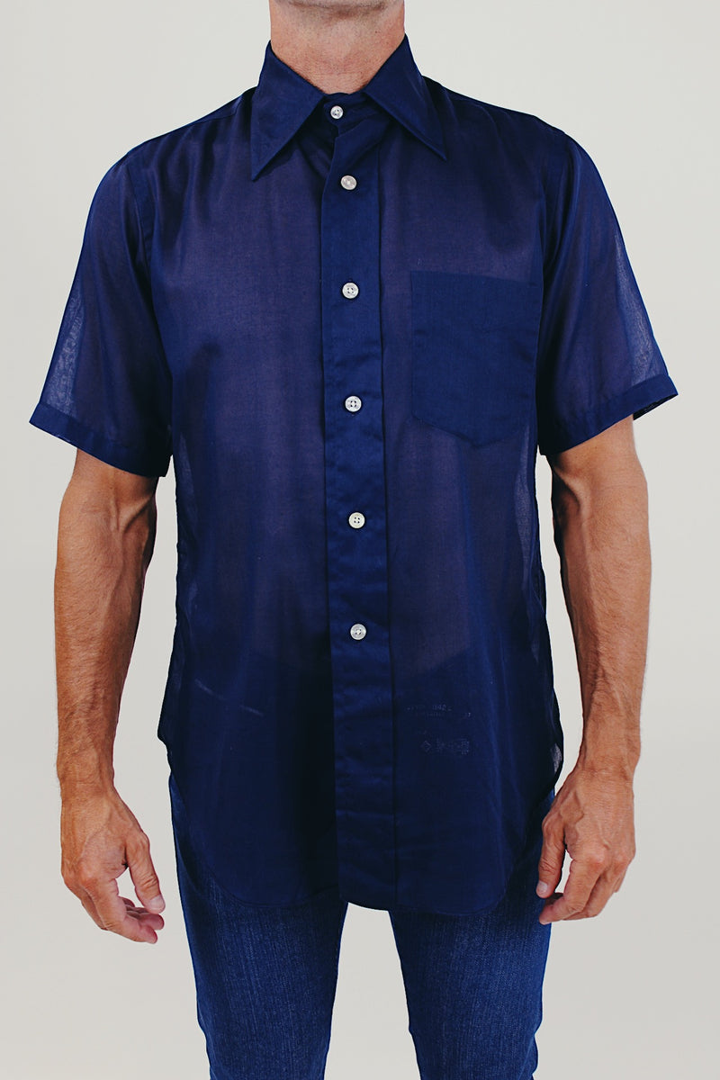 Vintage men's blue sheer short sleeve shirt