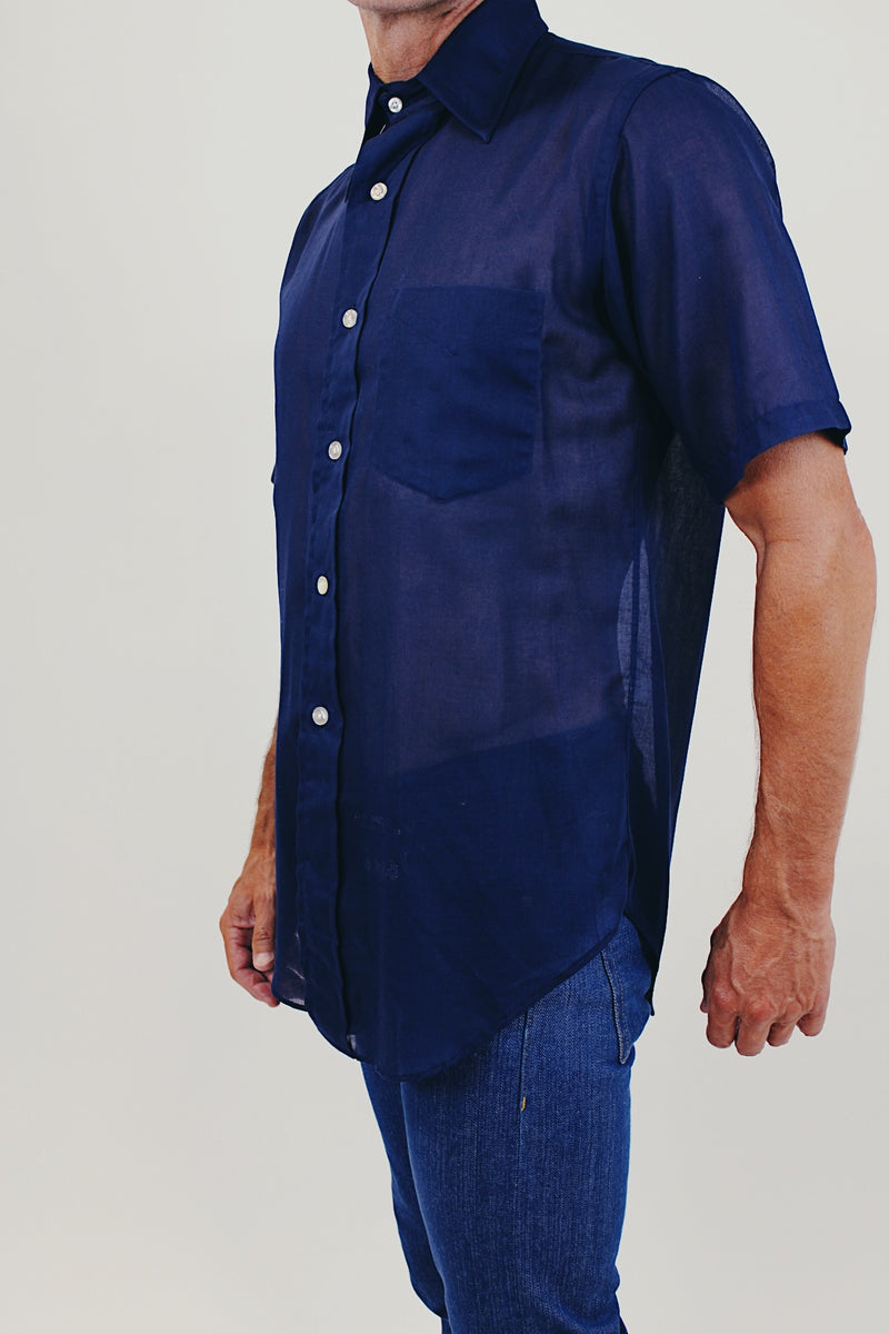 Vintage men's blue sheer short sleeve shirt side
