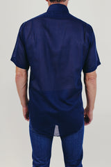 Vintage men's blue sheer short sleeve shirt back