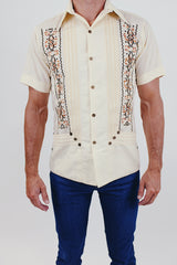 Vintage men's off-white short sleeve embroidered shirt