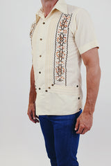 Vintage men's off-white short sleeve embroidered shirt side