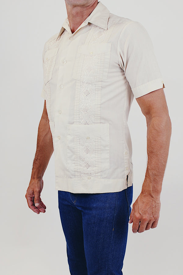 Vintage off-white men's short sleeve embroidered shirt side
