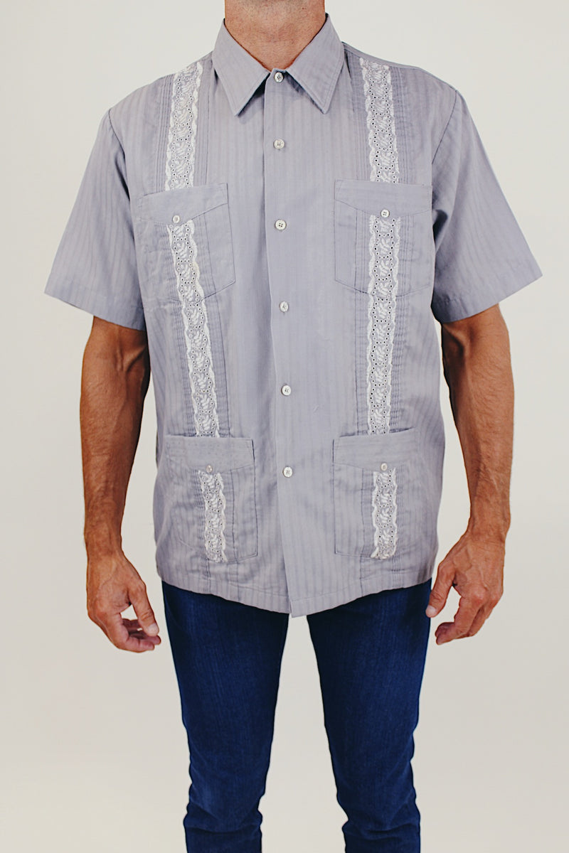 Vintage men's grey short sleeve embroidered shirt