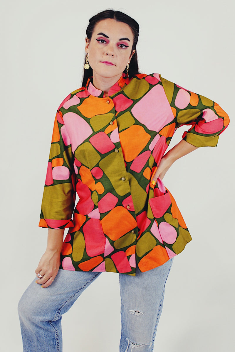 vintage colorful button up tunic blouse