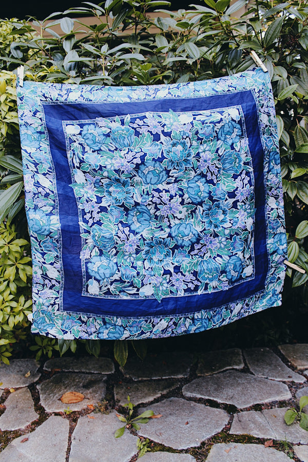 Vintage blue floral printed square scarf