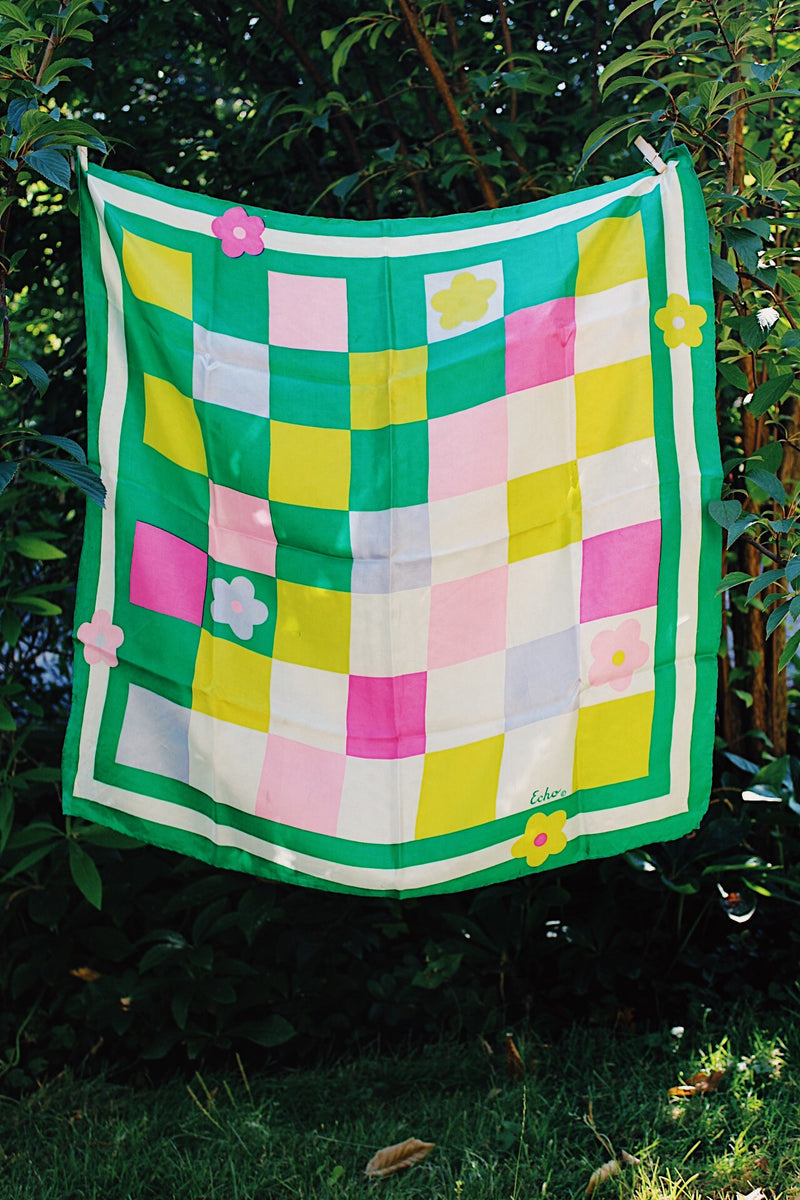 Vintage green yellow pink printed square scarf