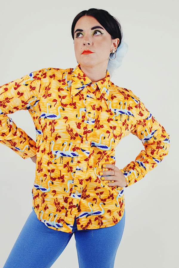 Bird print yellow button up front